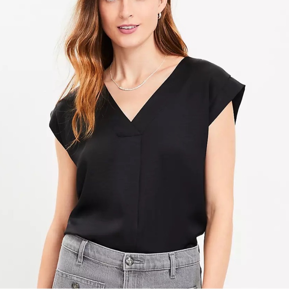 NWOT | Loft Satin Cap Sleeve V Neck Top | Size: S | Color: Black